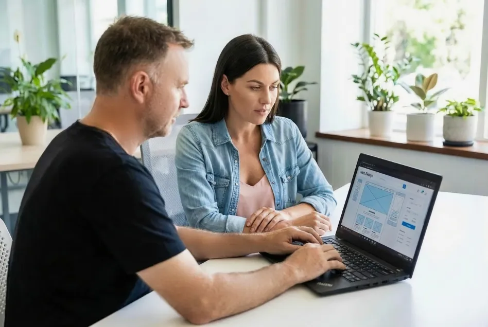 Discussing new website design options with a client